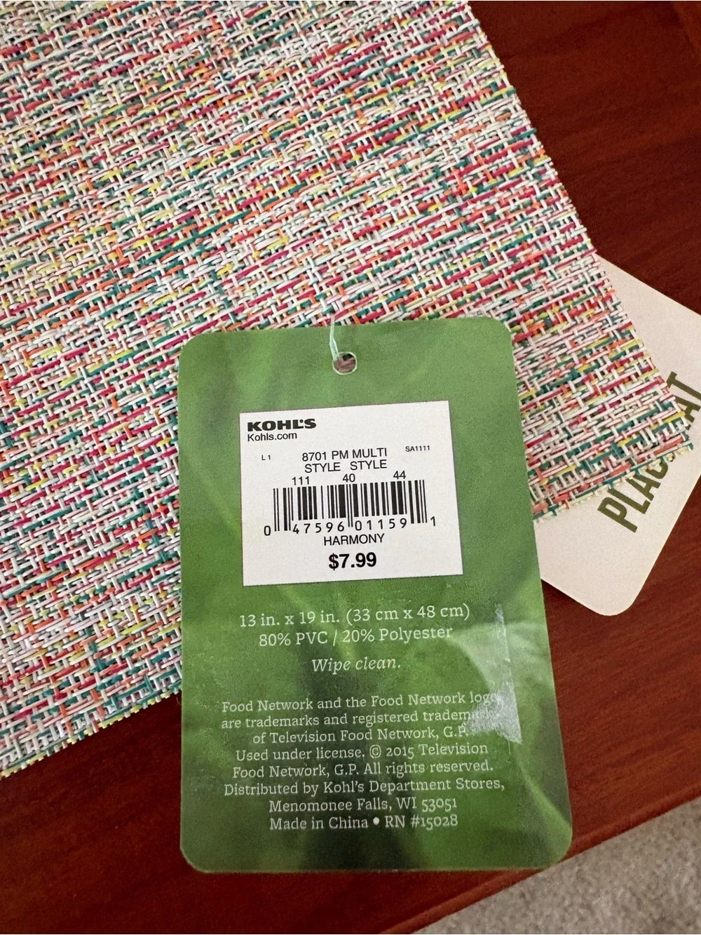 Food Network Woven Vinyl Placemat Set of 4 NWT Multicolor 13x19